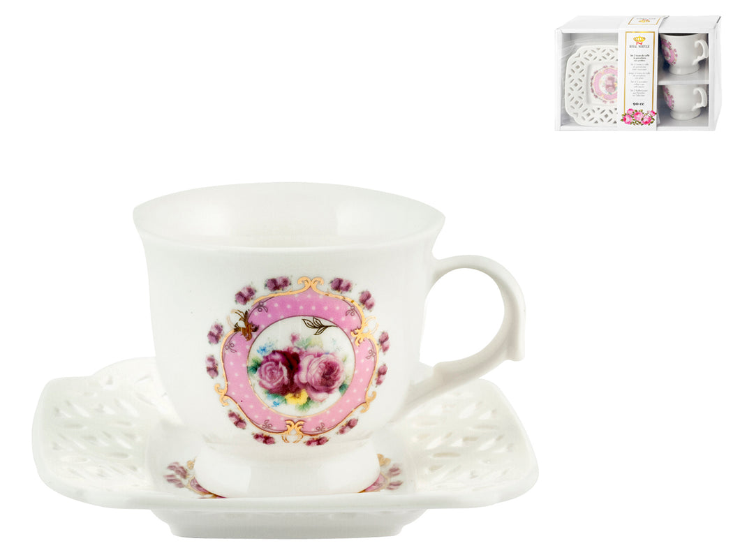 Tazzine caffè con fiori rosa in porcellana set 2 pz